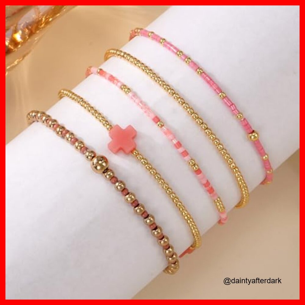 Gold Plated Stretch Bracelets Stack Set Boho Bead… - image 5